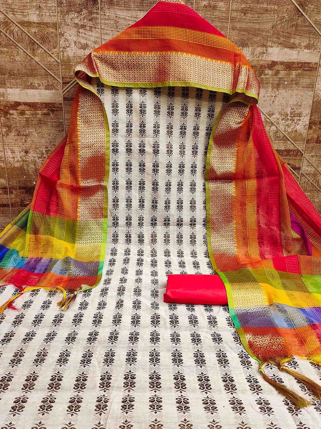 

MANVAA Ethnic Motifs Woven Design Unstitched Dress Material, White