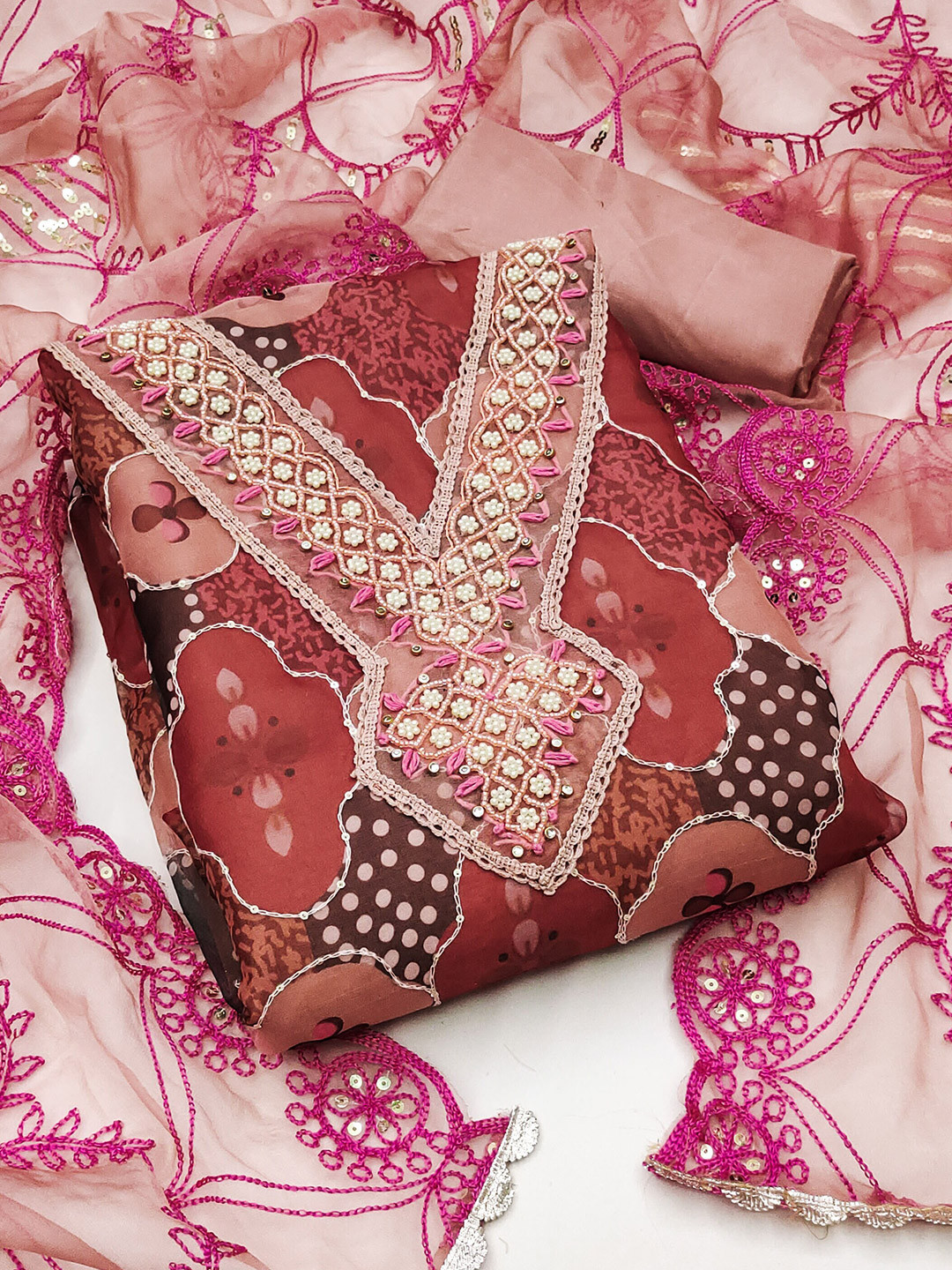 

MANVAA Ethnic Motifs Printed Organza Unstitched Dress Material, Brown