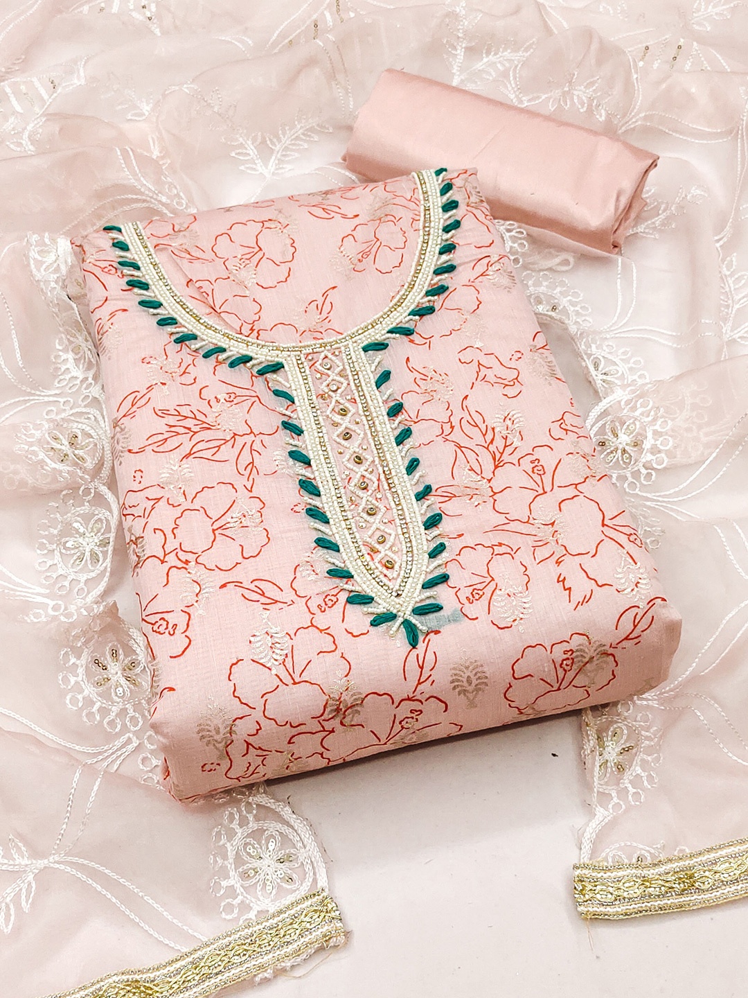

MANVAA Floral Printed Beads and Stones Unstitched Dress Material, Peach