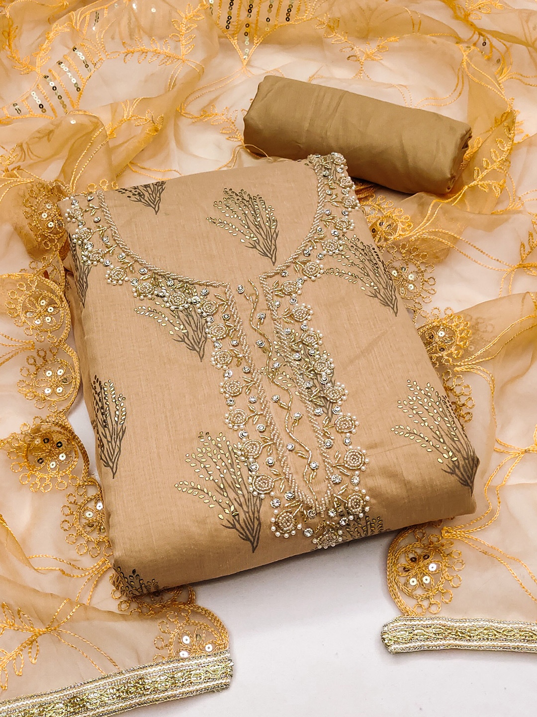 

MANVAA Floral Printed Beads & Stones Unstitched Dress Material, Beige