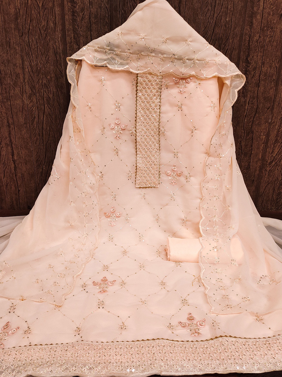 

MANVAA Embroidered Silk Georgette Unstitched Dress Material, Beige