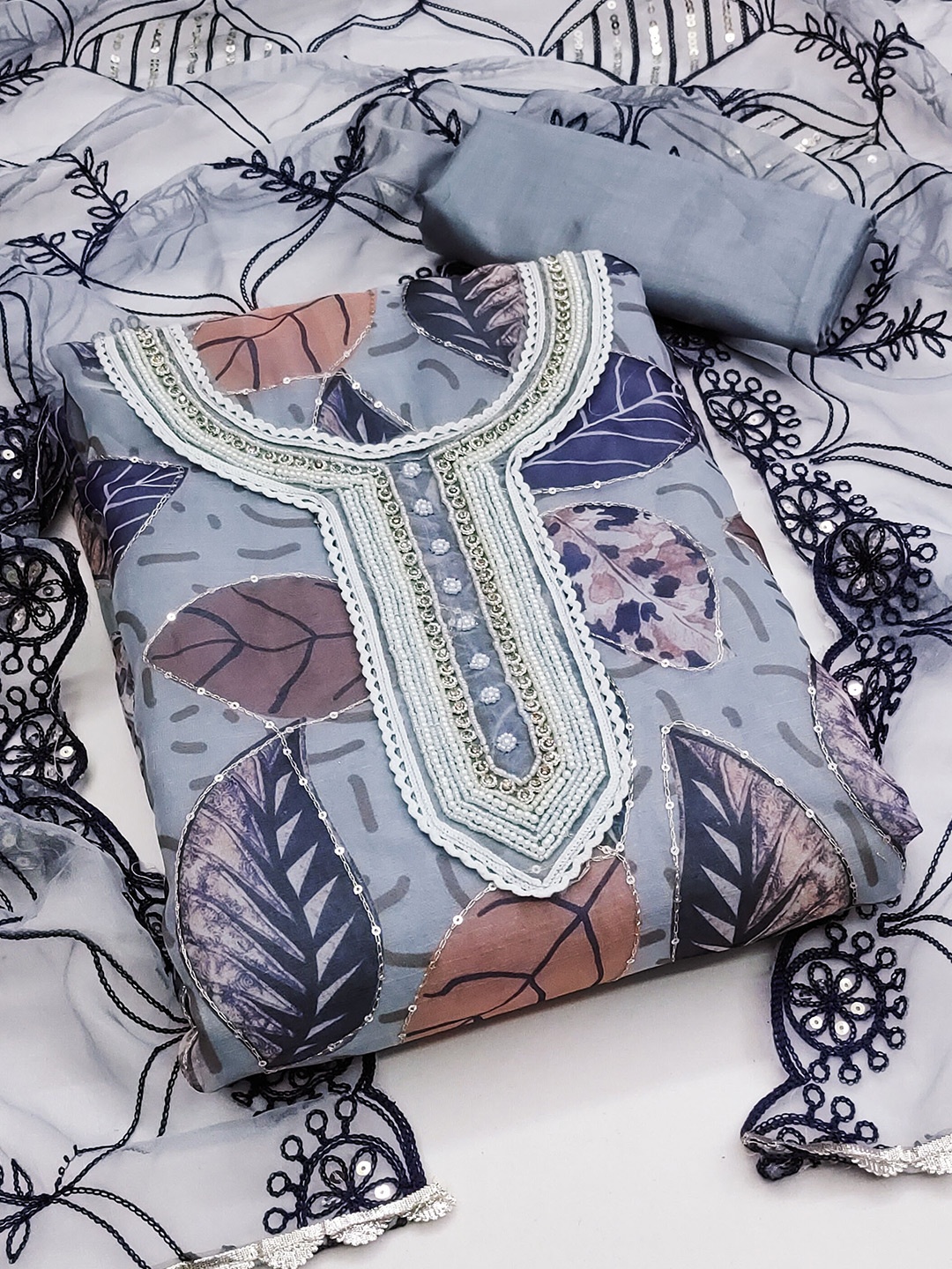 

MANVAA Floral Printed Embellished Organza Unstitched Dress Material, Grey