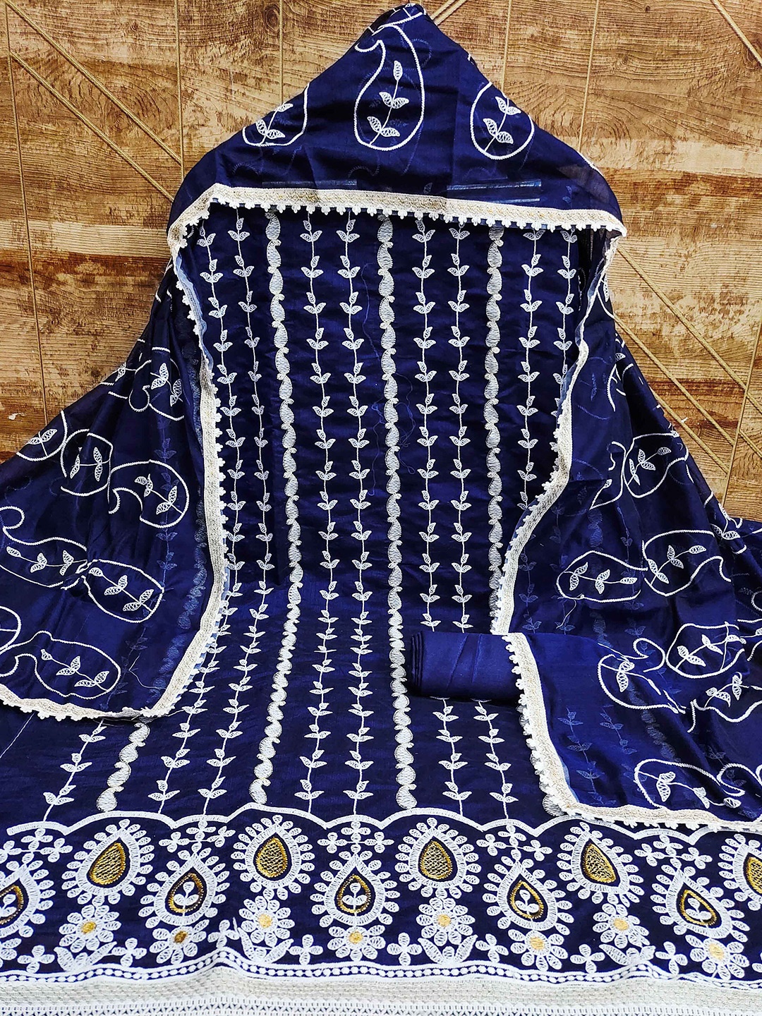 

MANVAA Paisley Embroidered Unstitched Dress Material, Blue