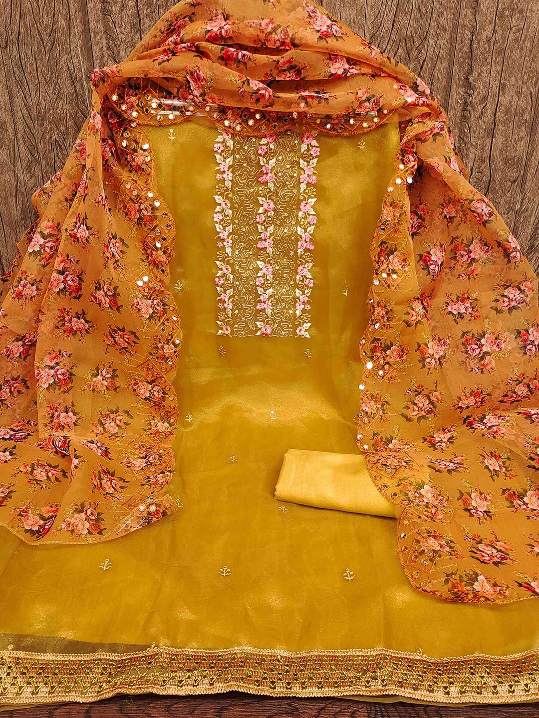 

MANVAA Floral Embroidered Sequinned Organza Unstitched Dress Material, Yellow