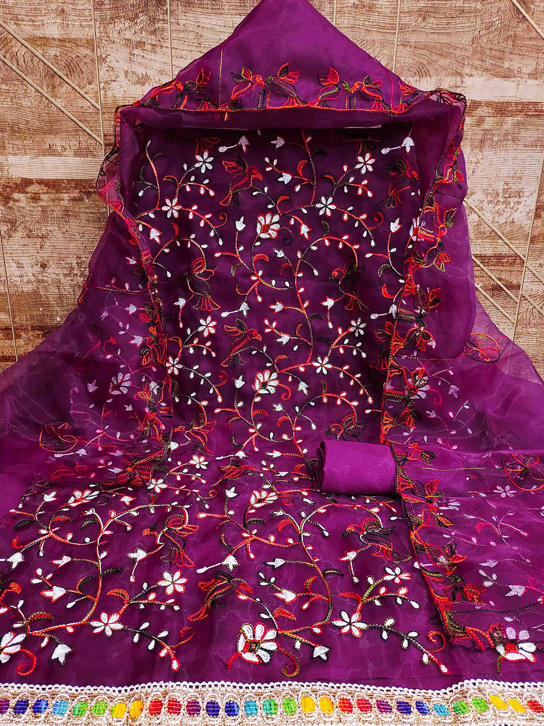 

MANVAA Floral Embroidered Organza Unstitched Dress Material, Magenta
