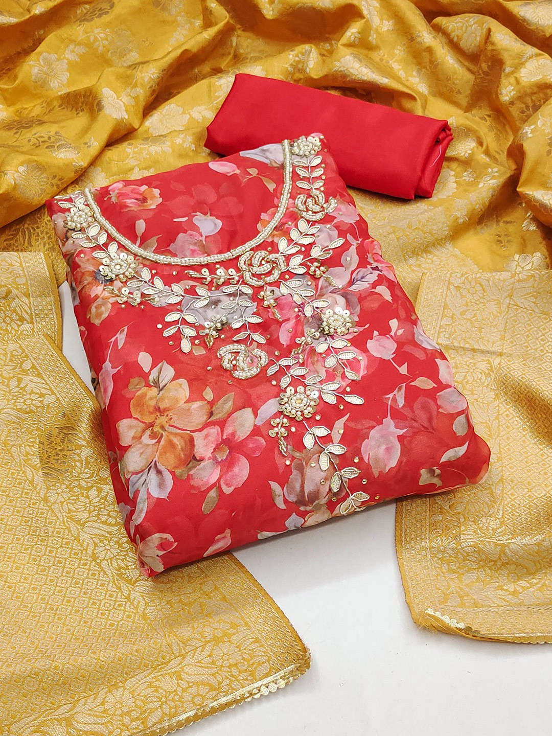

MANVAA Floral Printed Beads and Stones Organza Unstitched Dress Material, Red
