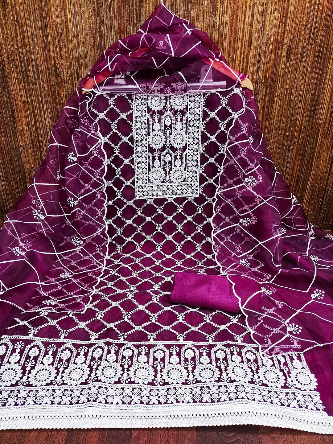 

MANVAA Floral Embroidered Unstitched Dress Material, Magenta