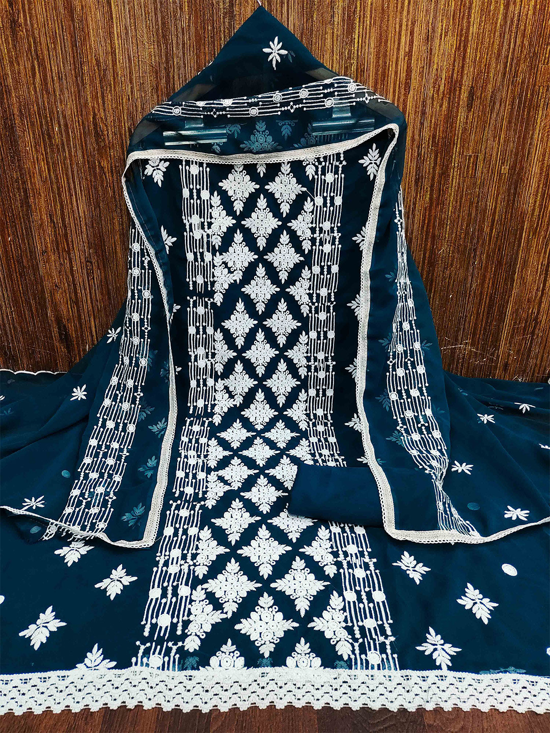 

MANVAA Embroidered Silk Georgette Unstitched Dress Material, Teal