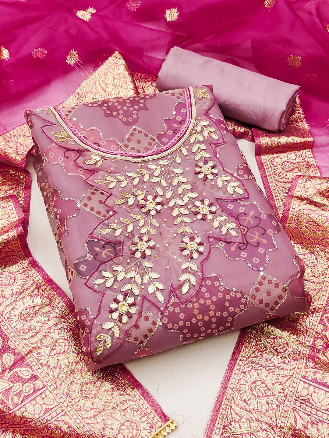 

MANVAA Bandhani Printed Beads & Stones Unstitched Dress Material, Pink