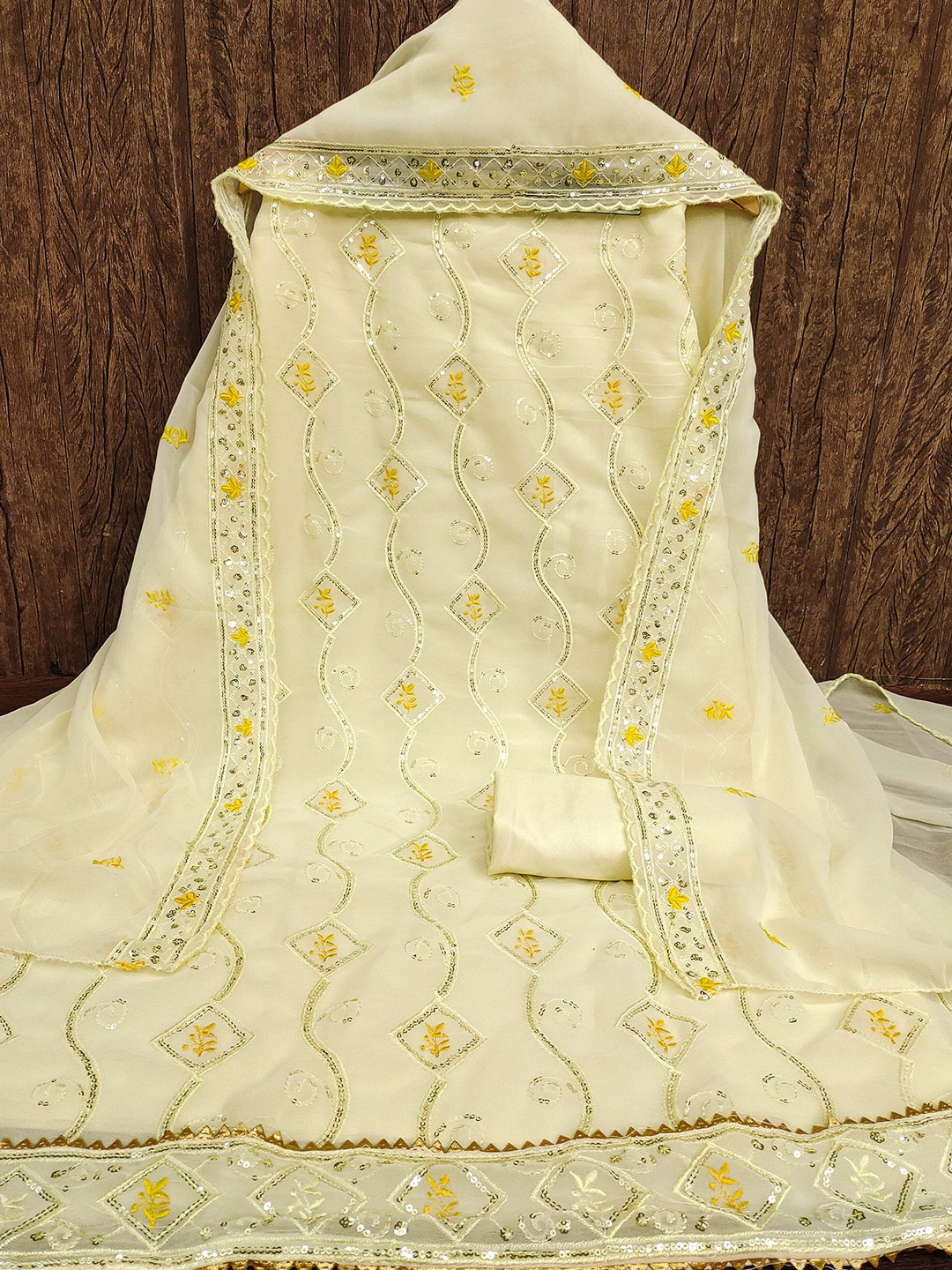 

MANVAA Embroidered Silk Georgette Unstitched Dress Material, Beige