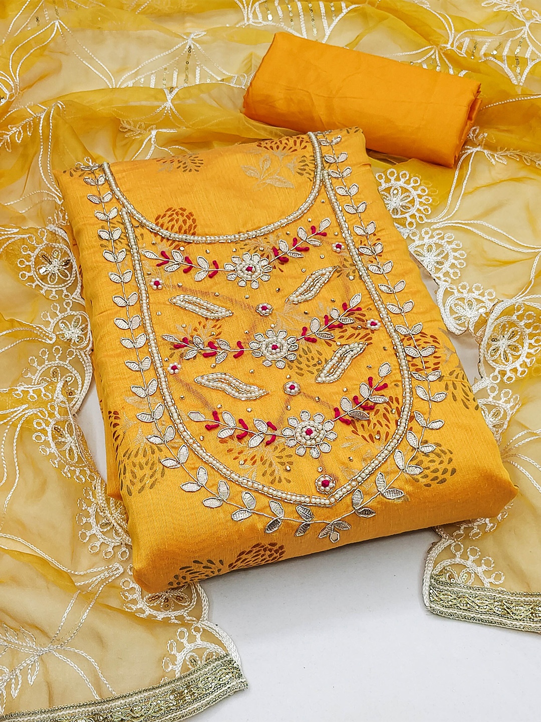 

MANVAA Floral Printed Embellished Unstitched Dress Material, Mustard
