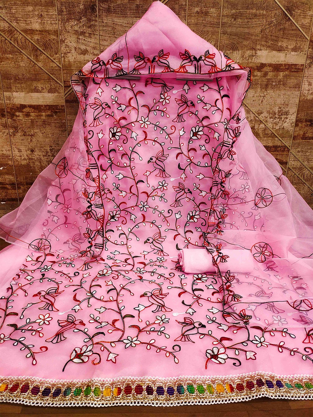 

MANVAA Ethnic Motifs Embroidered Organza Unstitched Dress Material, Pink