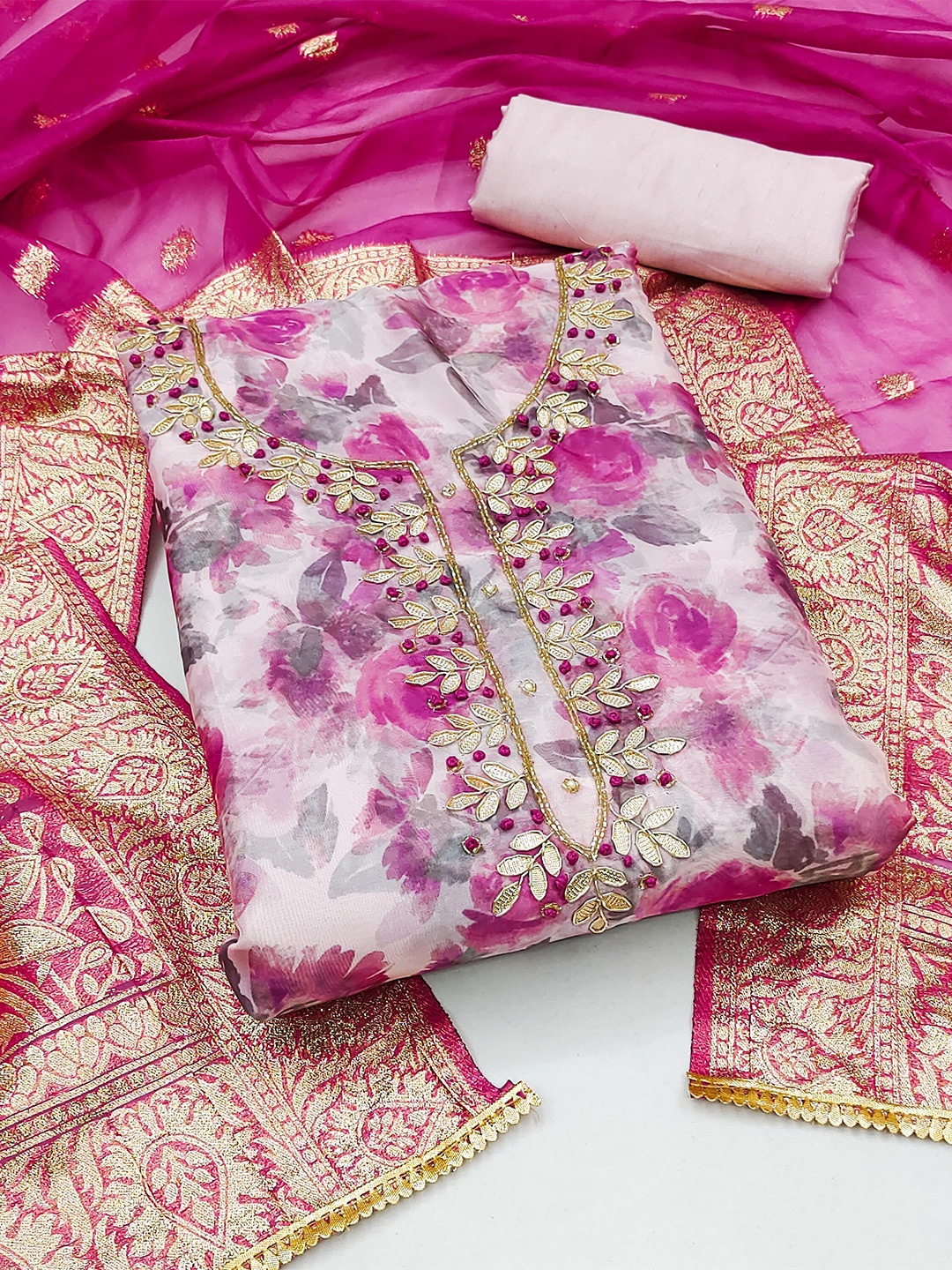 

MANVAA Floral Printed Organza Beads and Stones Unstitched Dress Material, Pink