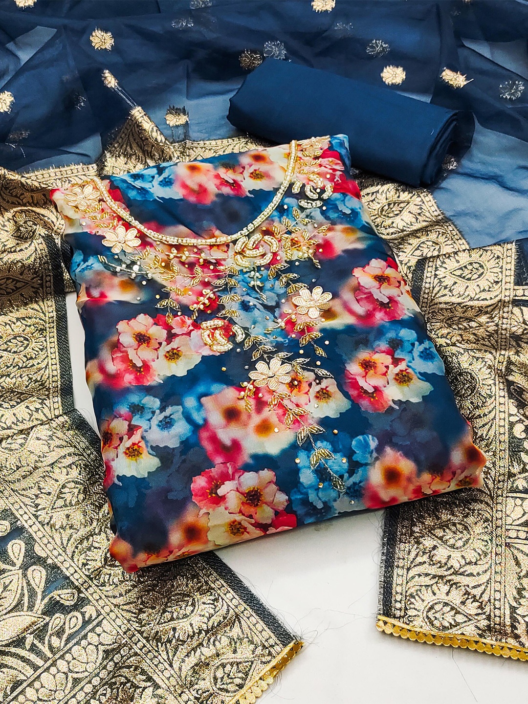 

MANVAA Floral Printed Beads and Stones Organza Unstitched Dress Material, Navy blue
