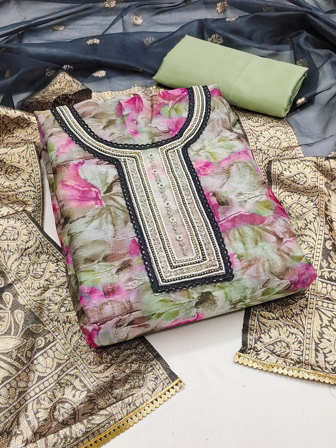 

MANVAA Floral Printed Beads and Stones Organza Unstitched Dress Material, Green