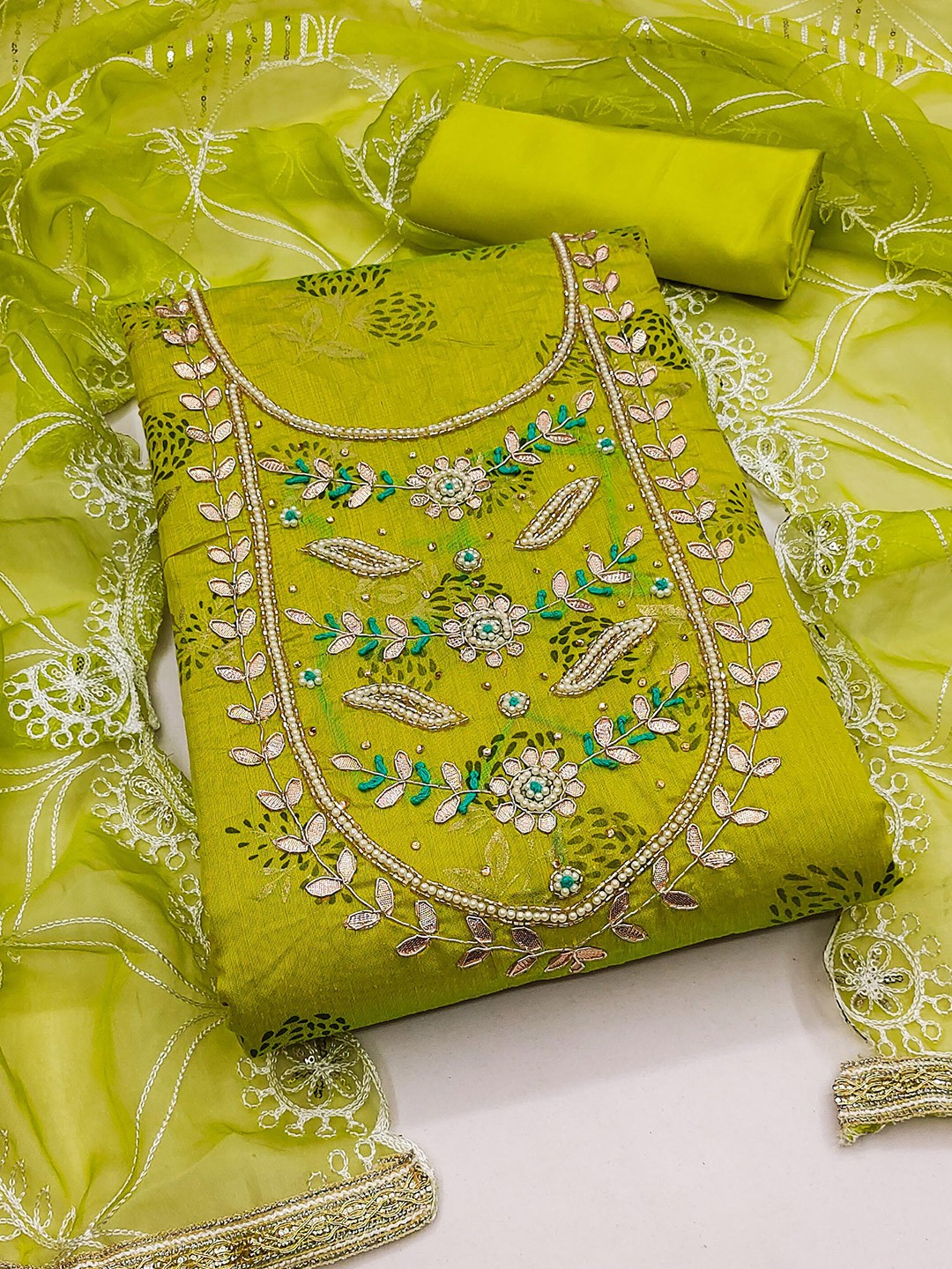 

MANVAA Floral Printed Beads and Stones Unstitched Dress Material, Green