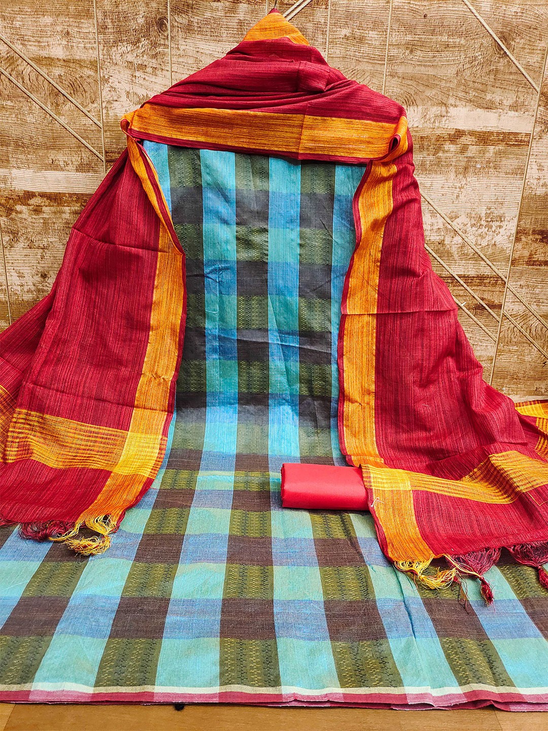 

MANVAA Checked Unstitched Dress Material, Blue
