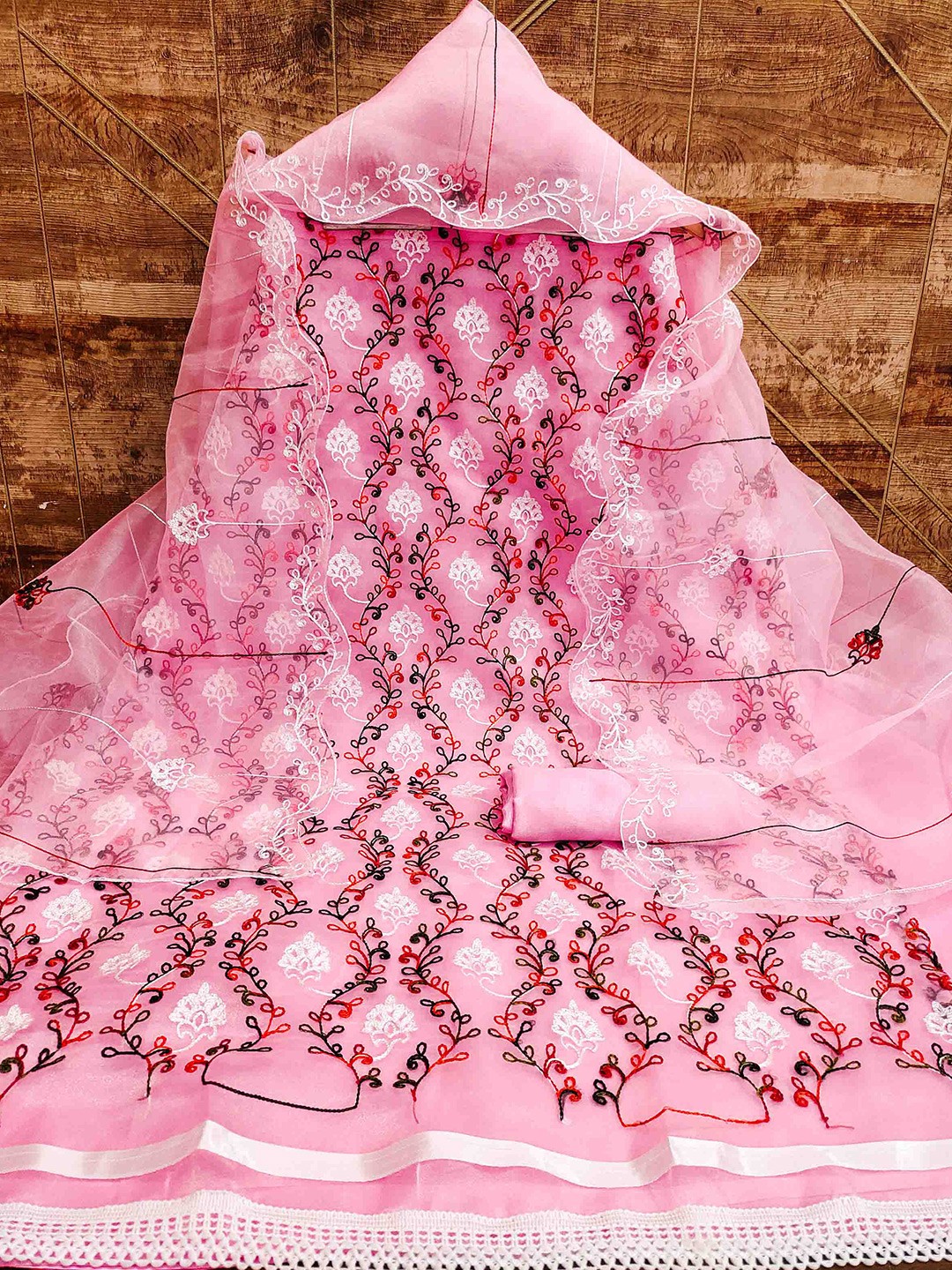 

MANVAA Floral Embroidered Organza Unstitched Dress Material, Pink