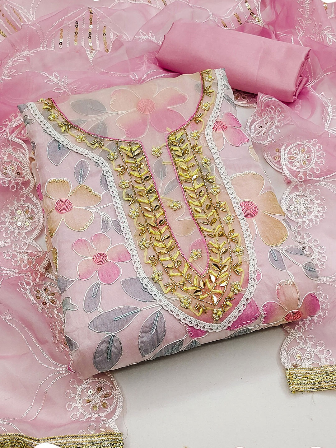 

MANVAA Floral Embroidered Beads and Stones Organza Unstitched Dress Material, Pink