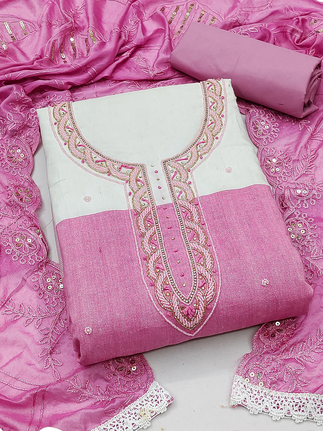 

MANVAA Ethnic Motifs Embellished Beads and Stones Pure Cotton Unstitched Dress Material, White