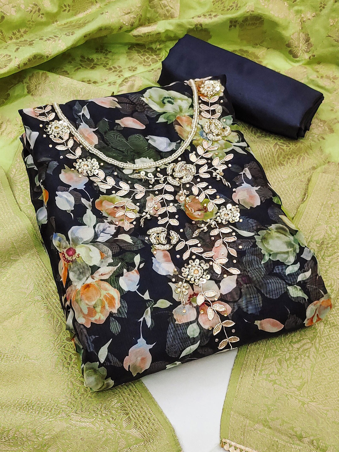 

MANVAA Floral Printed Beads and Stones Unstitched Dress Material, Blue