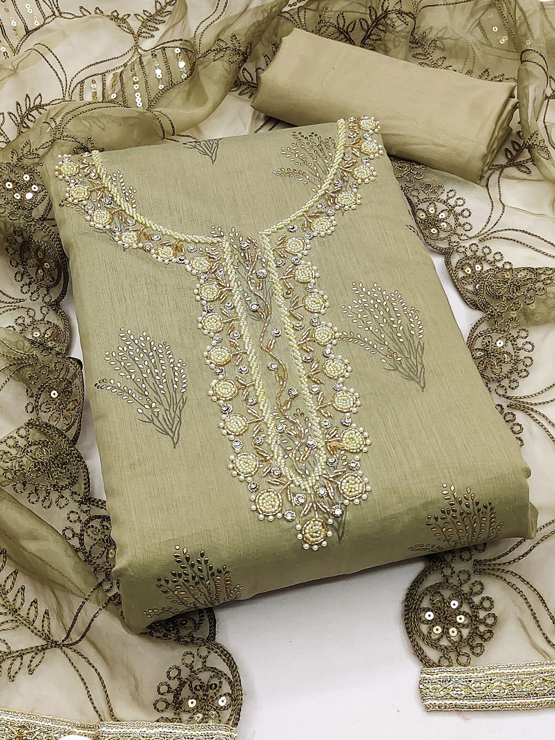 

MANVAA Floral Printed Embellished Unstitched Dress Material, Olive