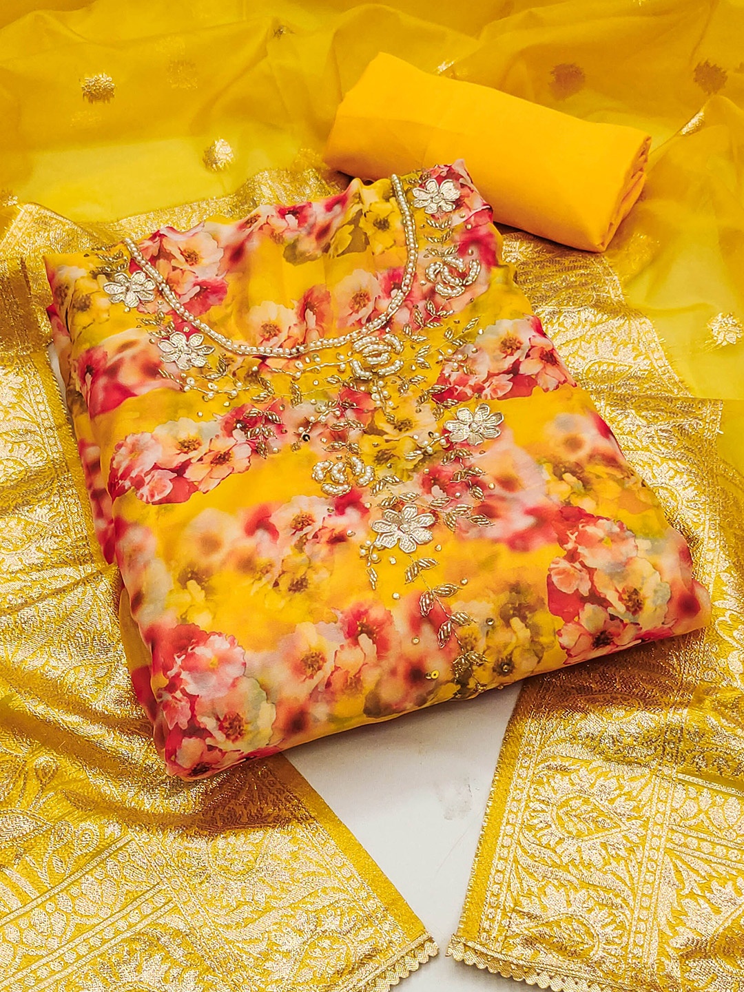 

MANVAA Floral Printed Beads and Stones Detail Unstitched Dress Material, Yellow