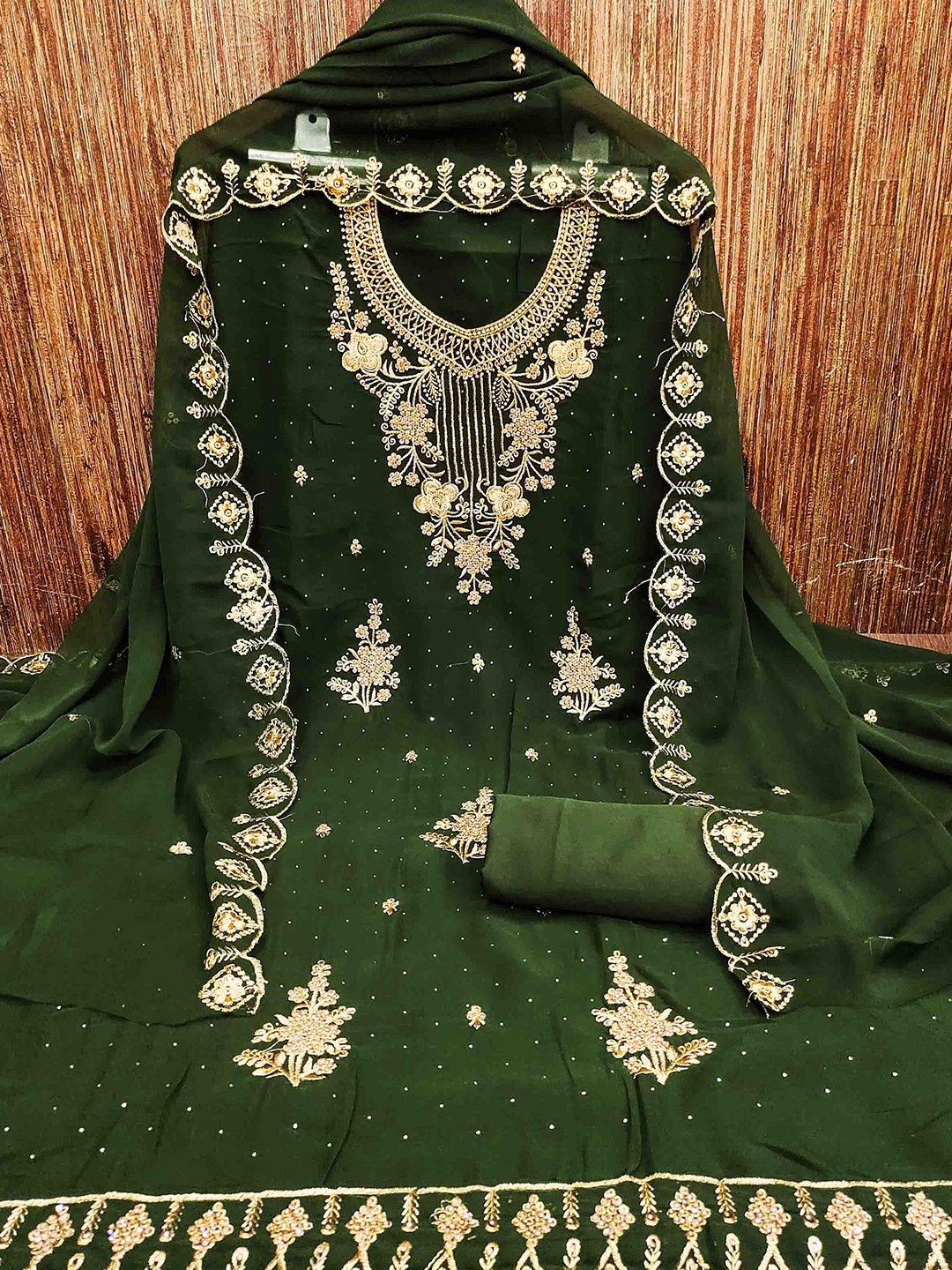 

MANVAA Ethnic Motifs Embroidered Silk Georgette Unstitched Dress Material, Green