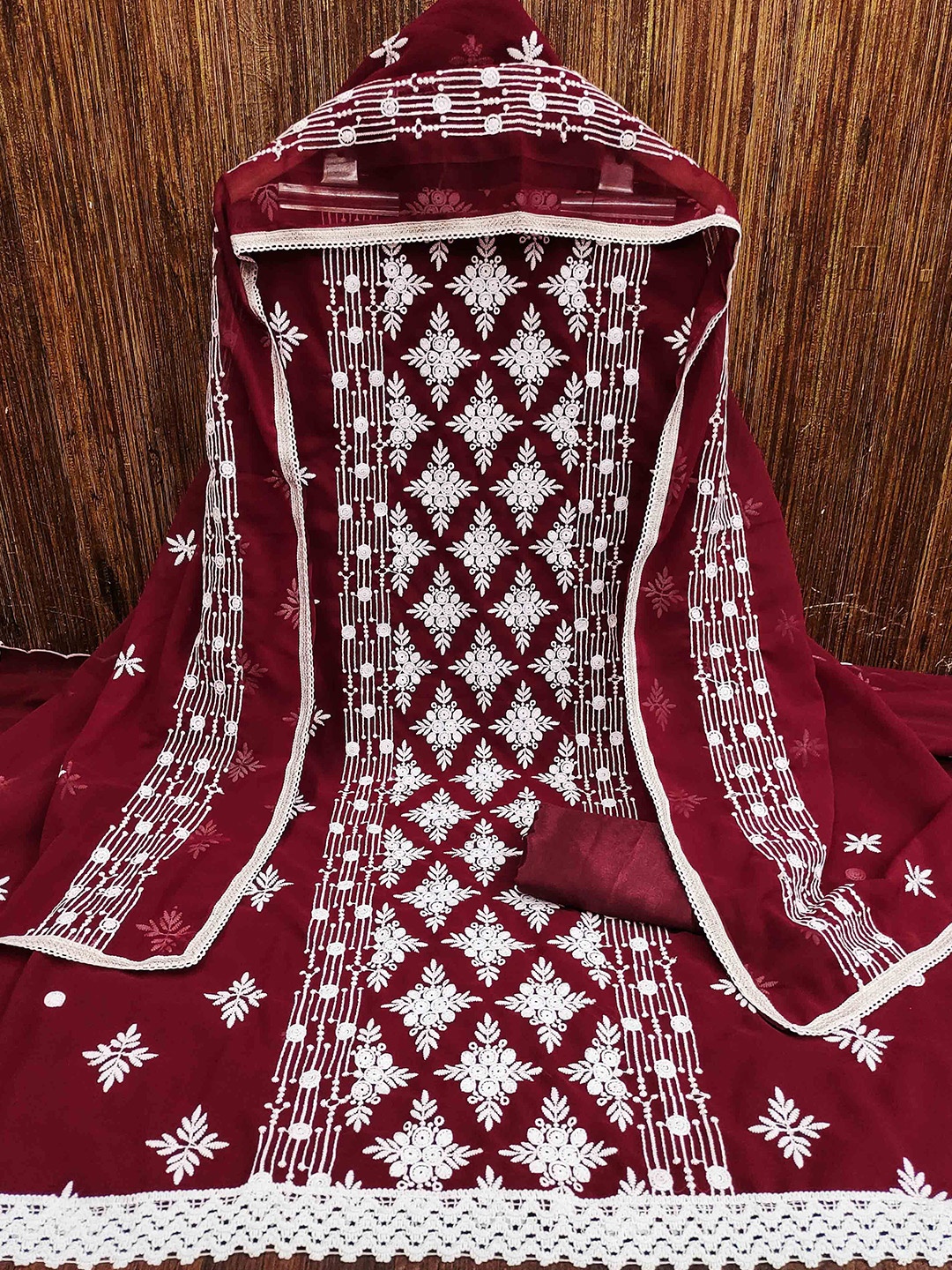 

MANVAA Ethnic Motifs Embroidered Unstitched Dress Material, Maroon