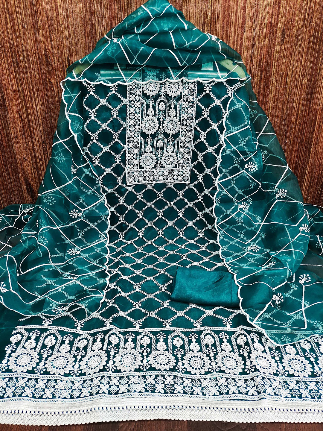 

MANVAA Embroidered Organza Unstitched Dress Material, Green
