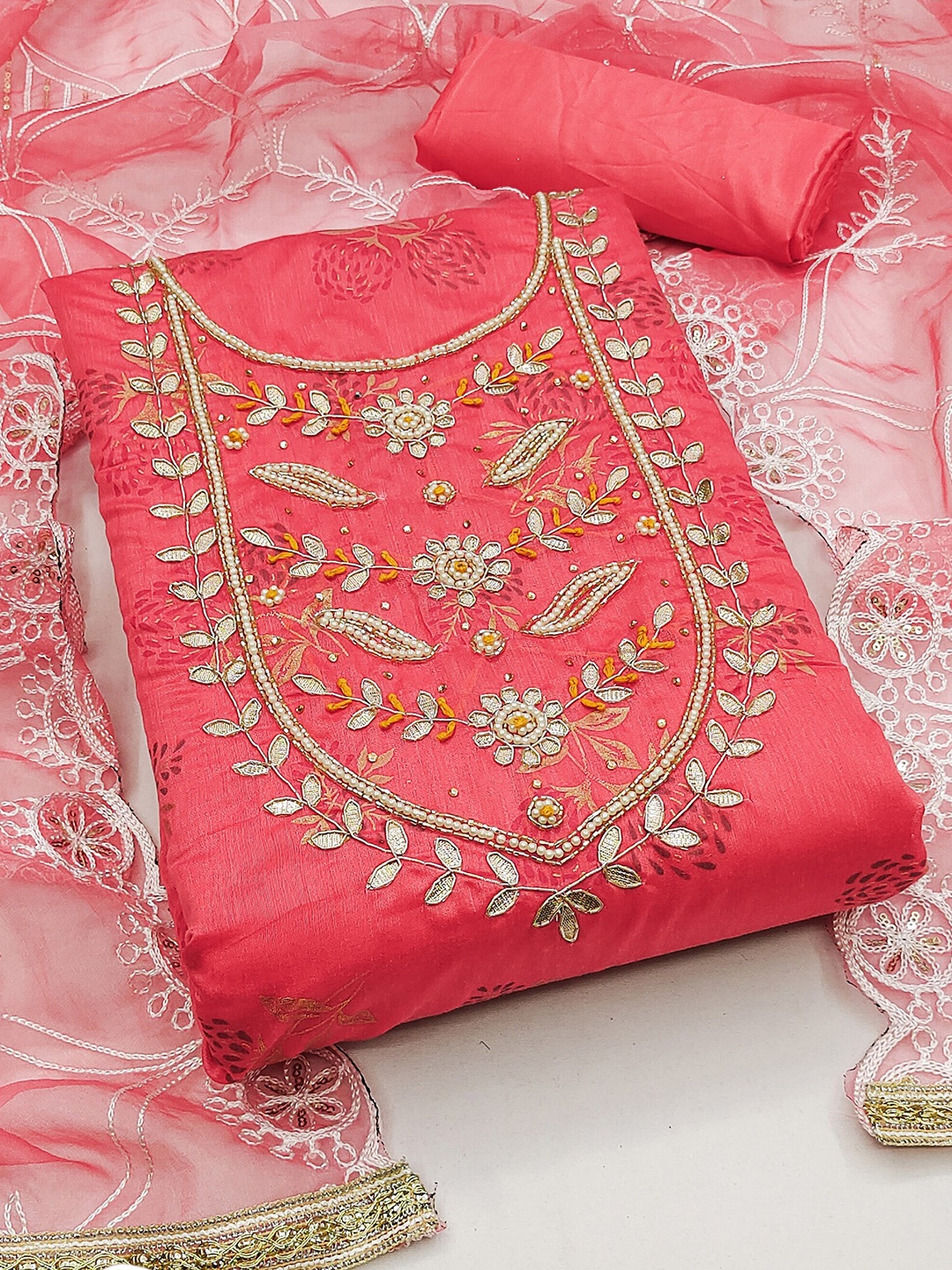 

MANVAA Floral Printed Beads & Stones Unstitched Dress Material, Pink