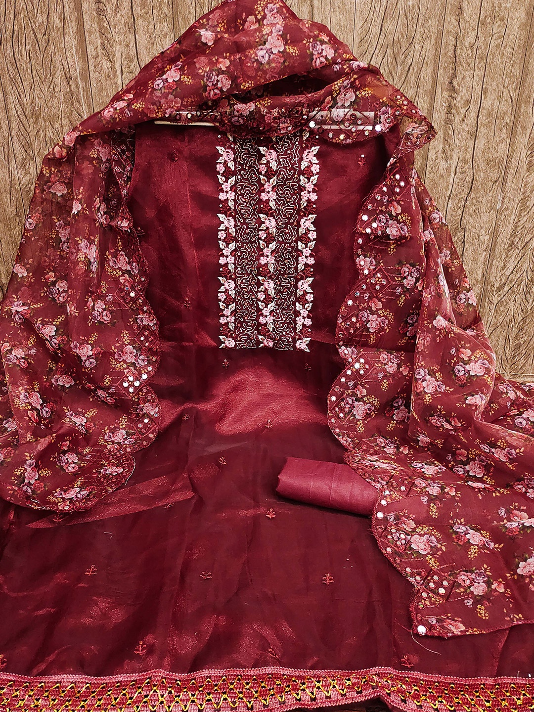 

MANVAA Floral Embroidered Sequinned Unstitched Dress Material, Maroon