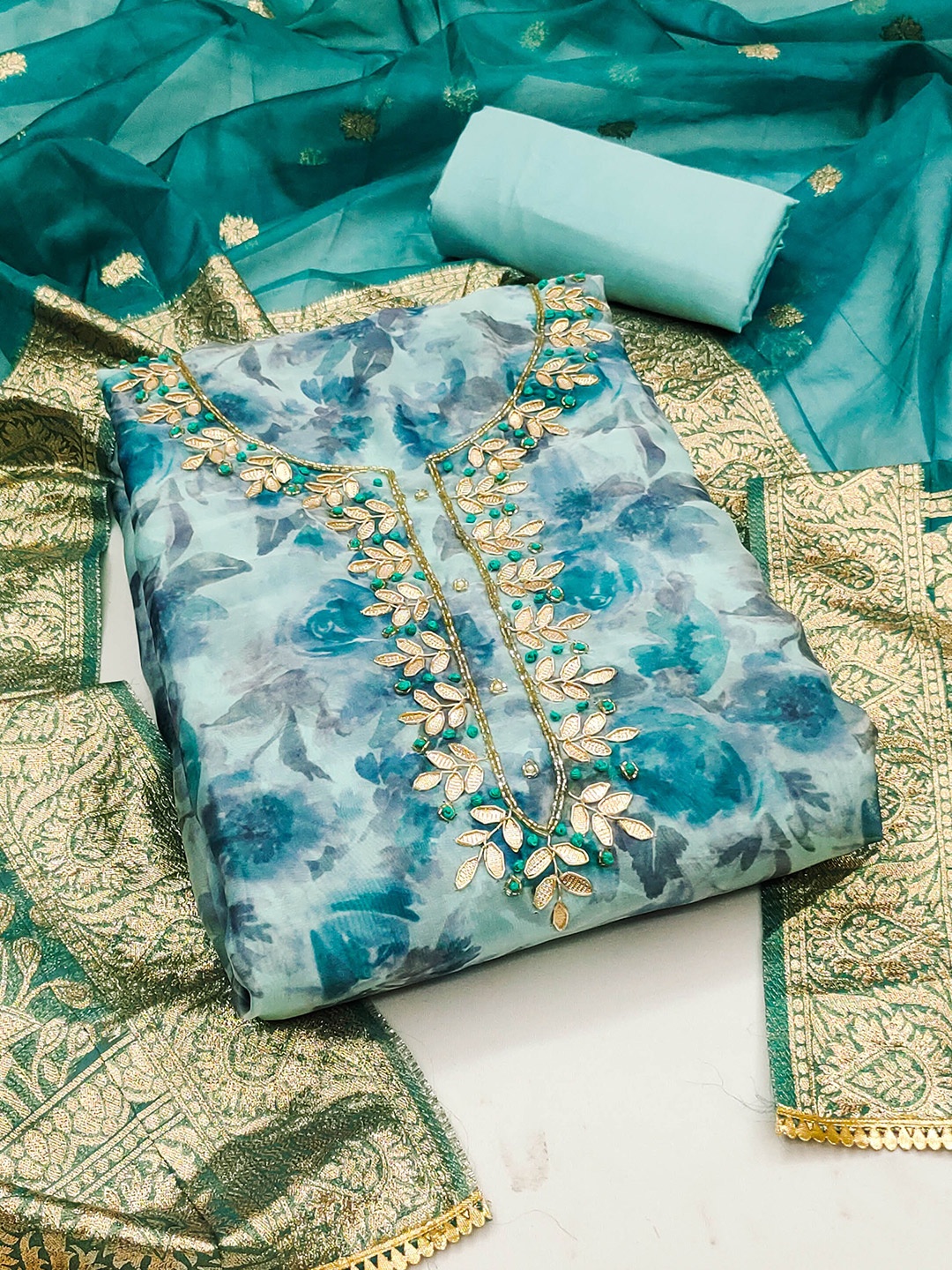 

MANVAA Floral Printed Embellished Organza Unstitched Dress Material, Green