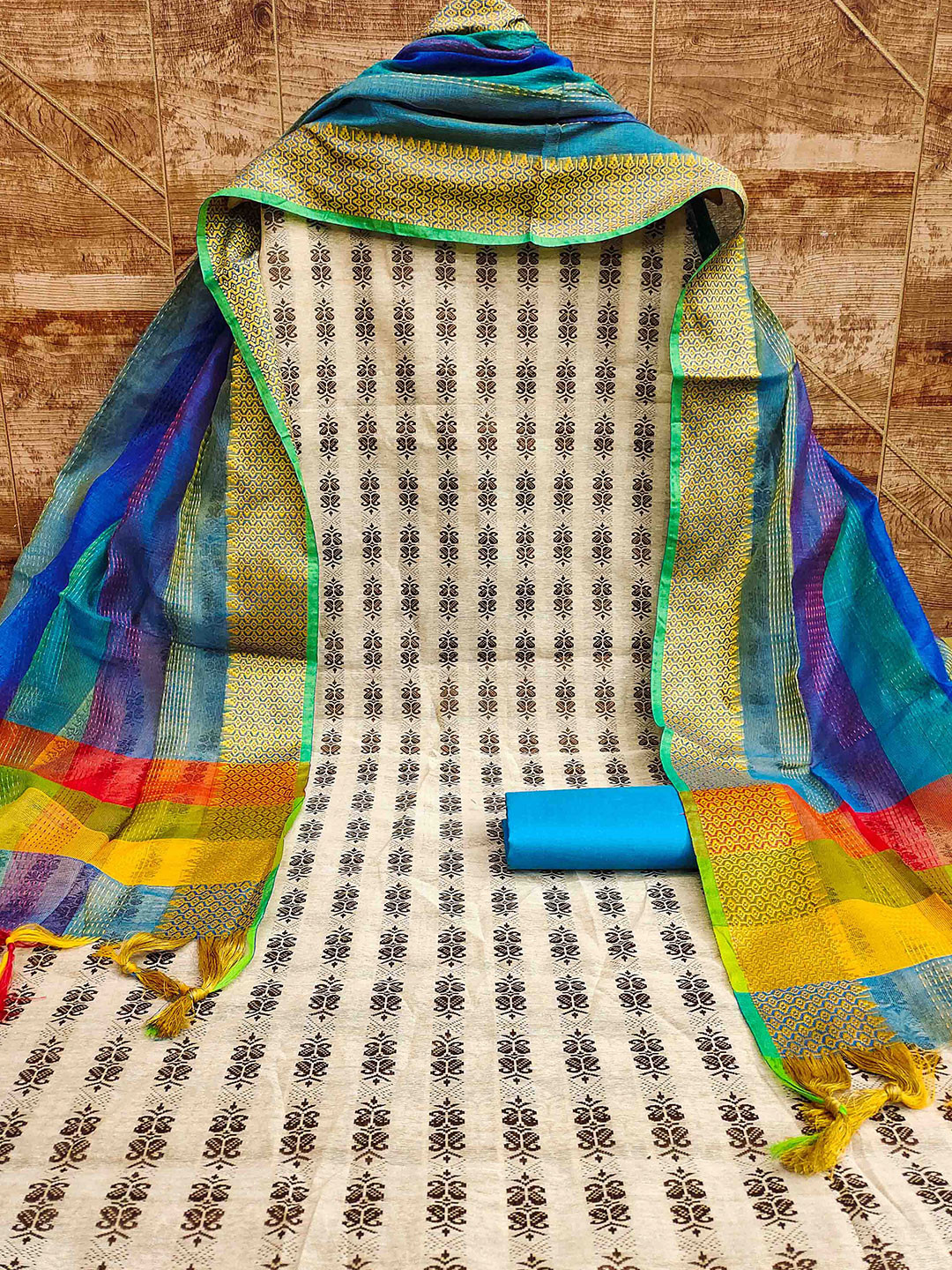 

MANVAA Ethnic Motifs Woven Design Unstitched Dress Material, Blue