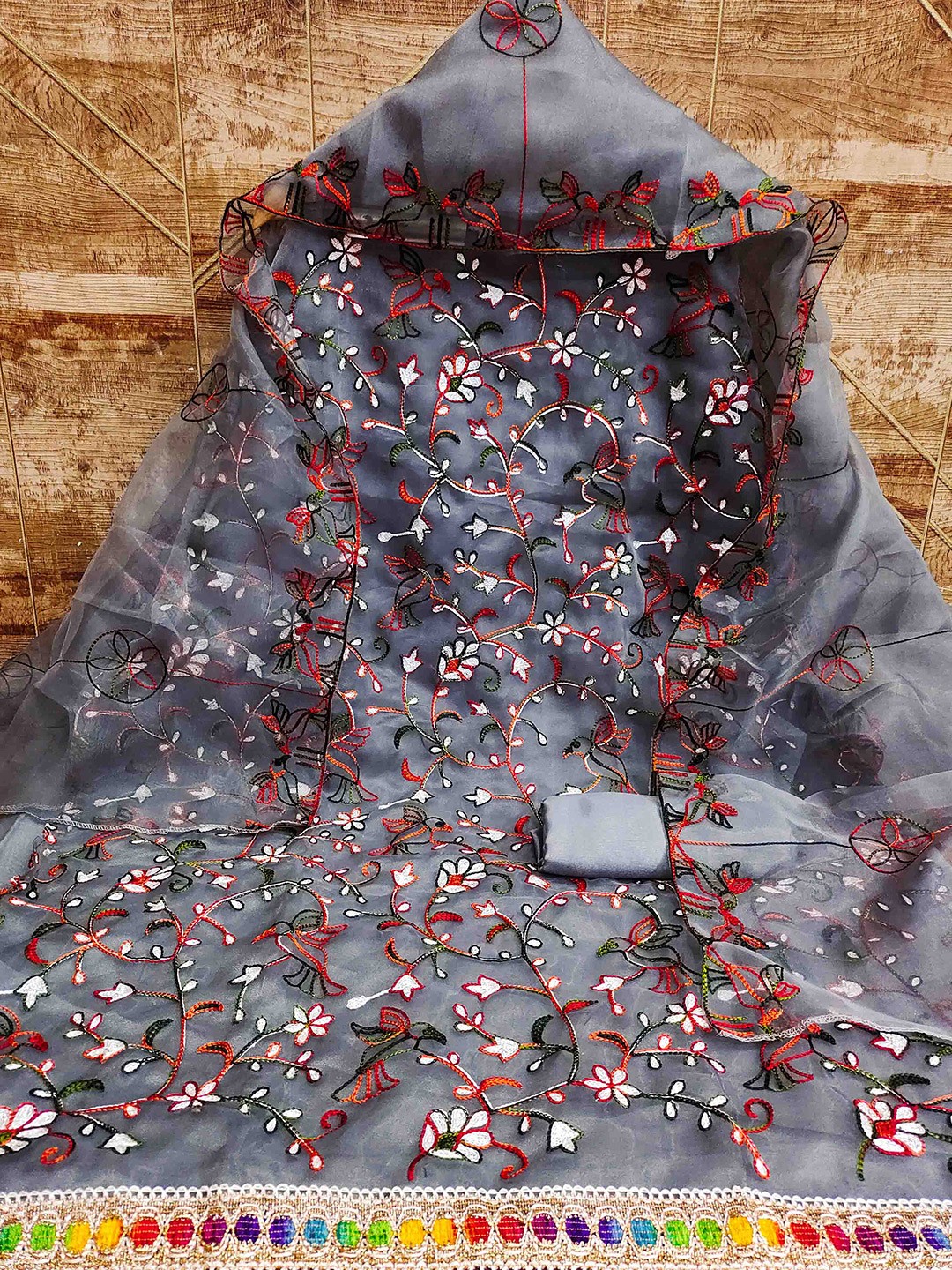 

MANVAA Floral Embroidered Organza Unstitched Dress Material, Grey
