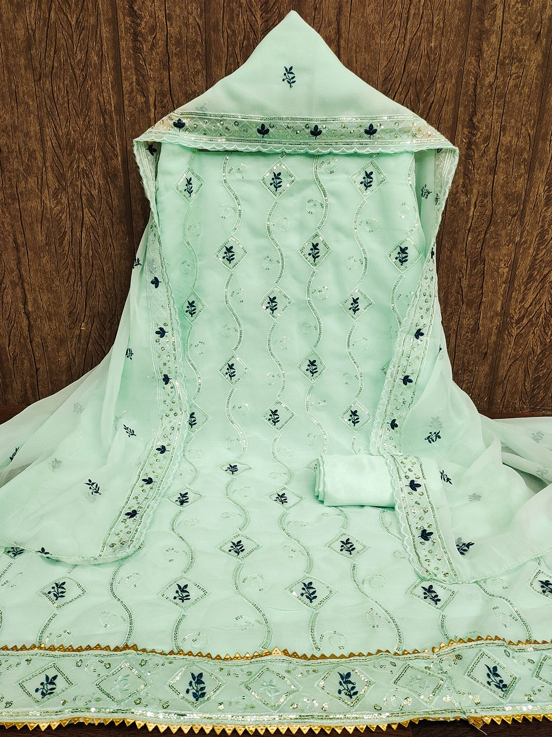 

MANVAA Embroidered Silk Georgette Unstitched Dress Material, Green