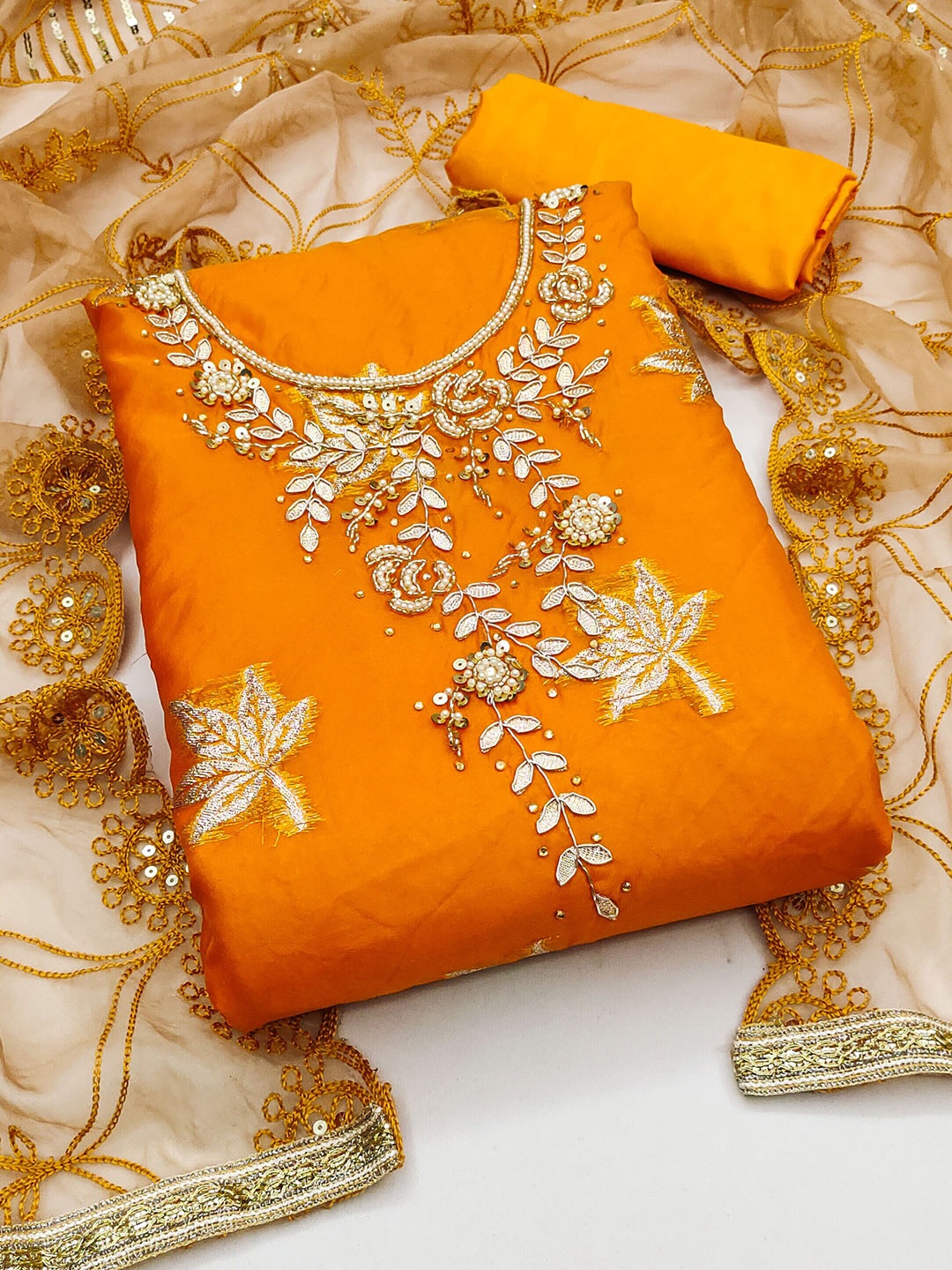 

MANVAA Embellished Organza Unstitched Dress Material, Orange