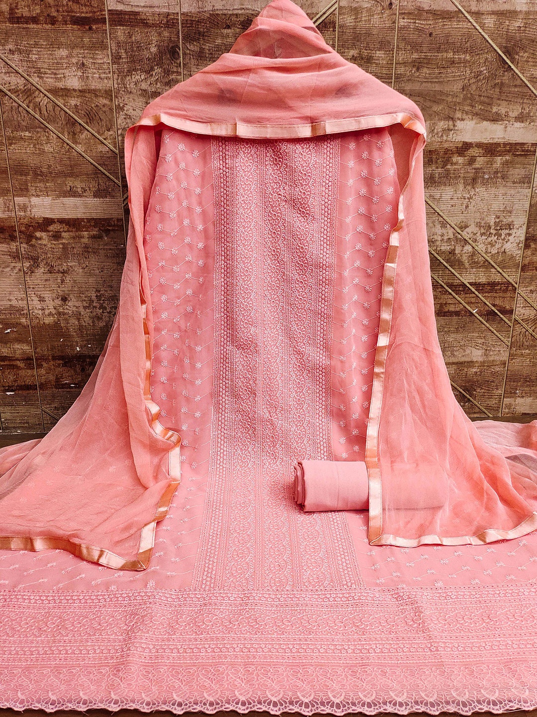 

MANVAA Ethnic Motifs Embroidered Unstitched Dress Material, Peach