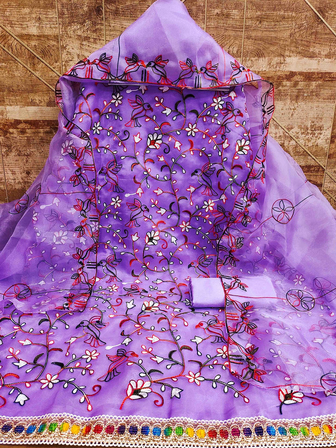 

MANVAA Floral Embroidered Organza Unstitched Dress Material, Purple