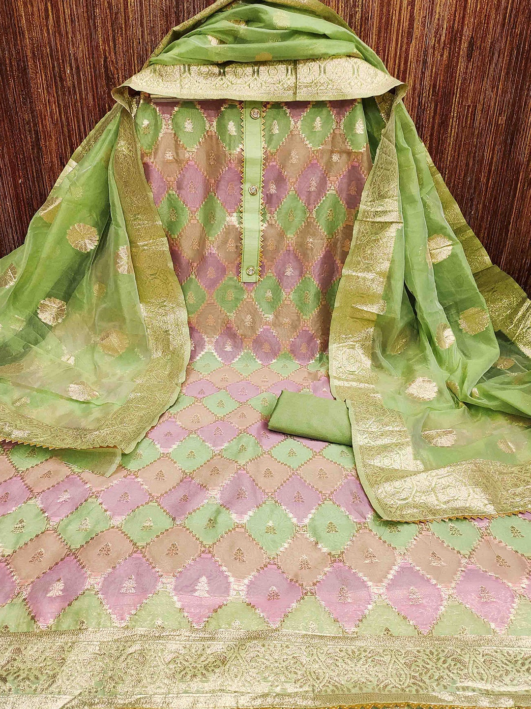 

MANVAA Ethnic Motifs Woven Design Gotta Patti Unstitched Dress Material, Green