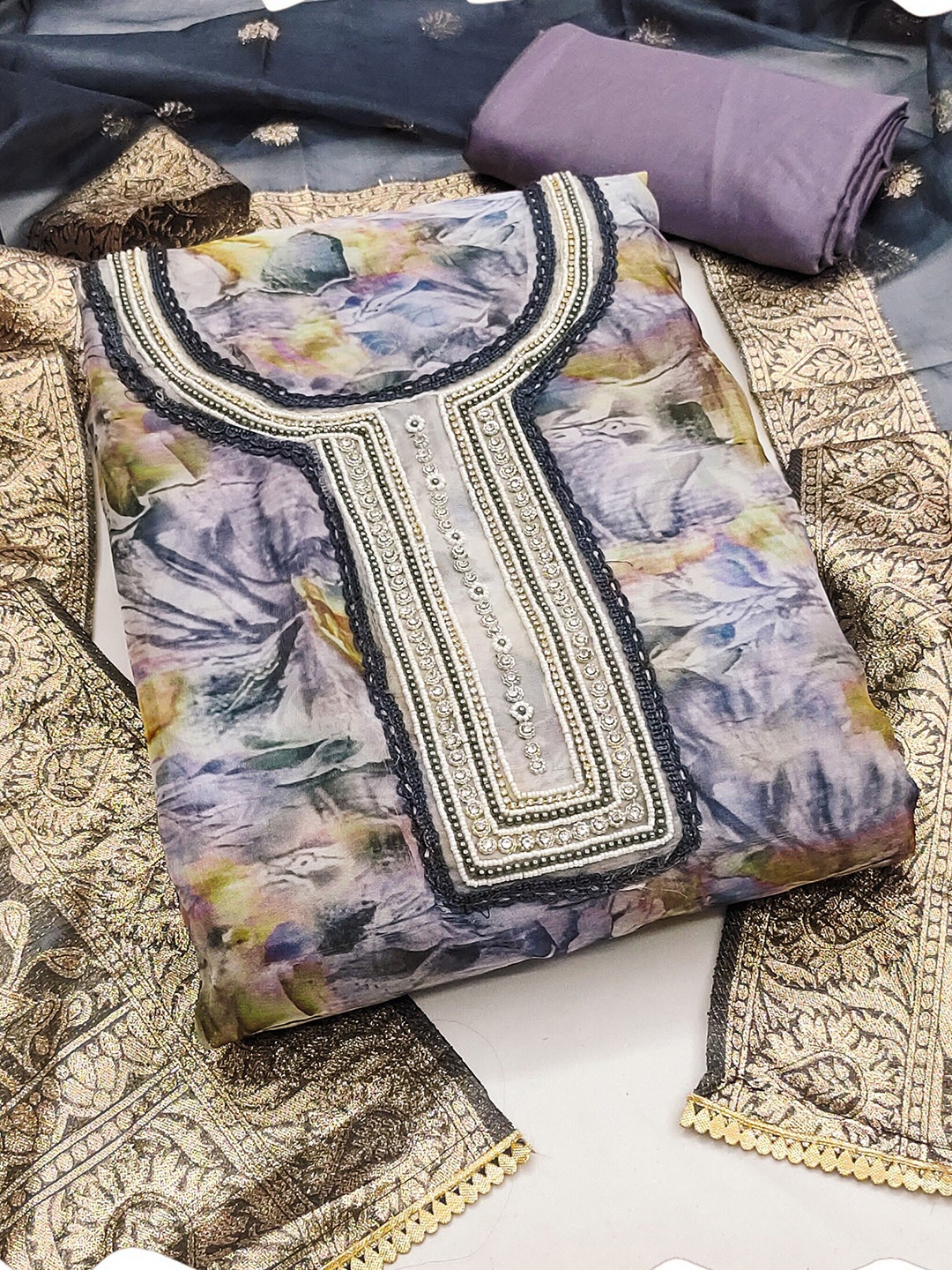 

MANVAA Floral Printed Beads & Stones Unstitched Dress Material, Lavender