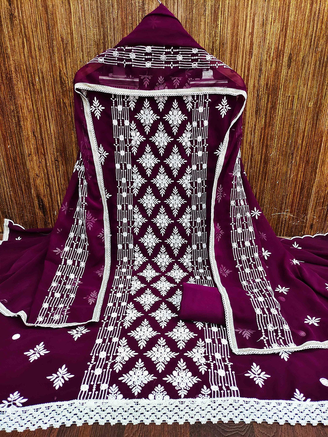 

MANVAA Floral Embroidered Silk Georgette Unstitched Dress Material, Purple
