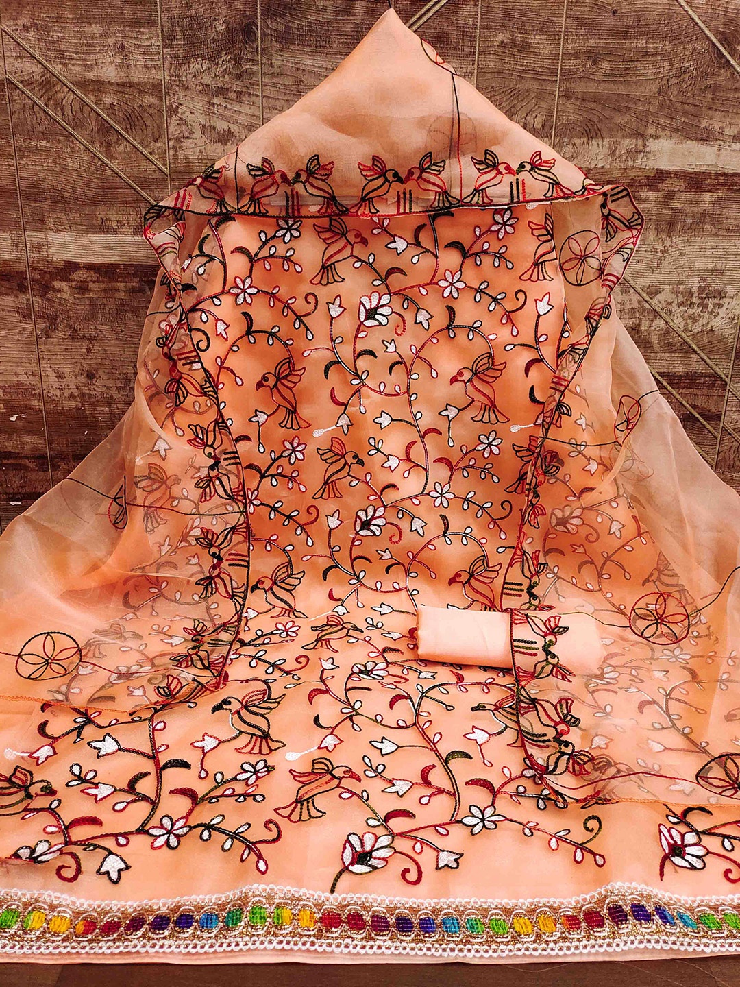 

MANVAA Floral Embroidered Organza Unstitched Dress Material, Peach