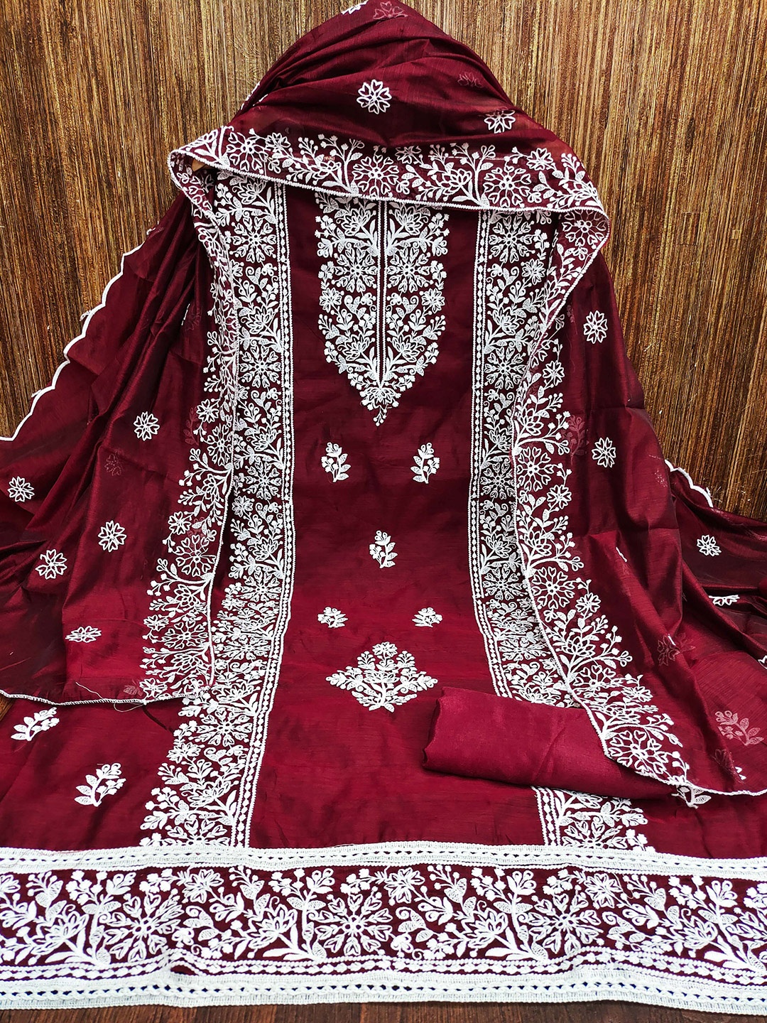 

MANVAA Floral Embroidered Unstitched Dress Material, Maroon
