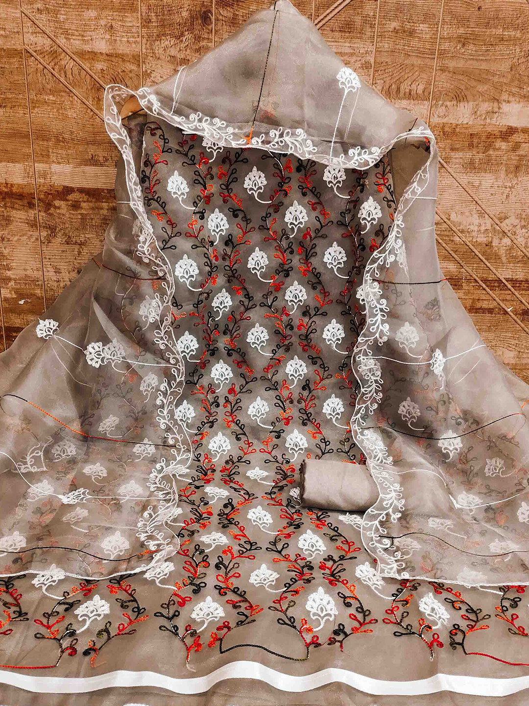 

MANVAA Floral Embroidered Unstitched Dress Material, Grey