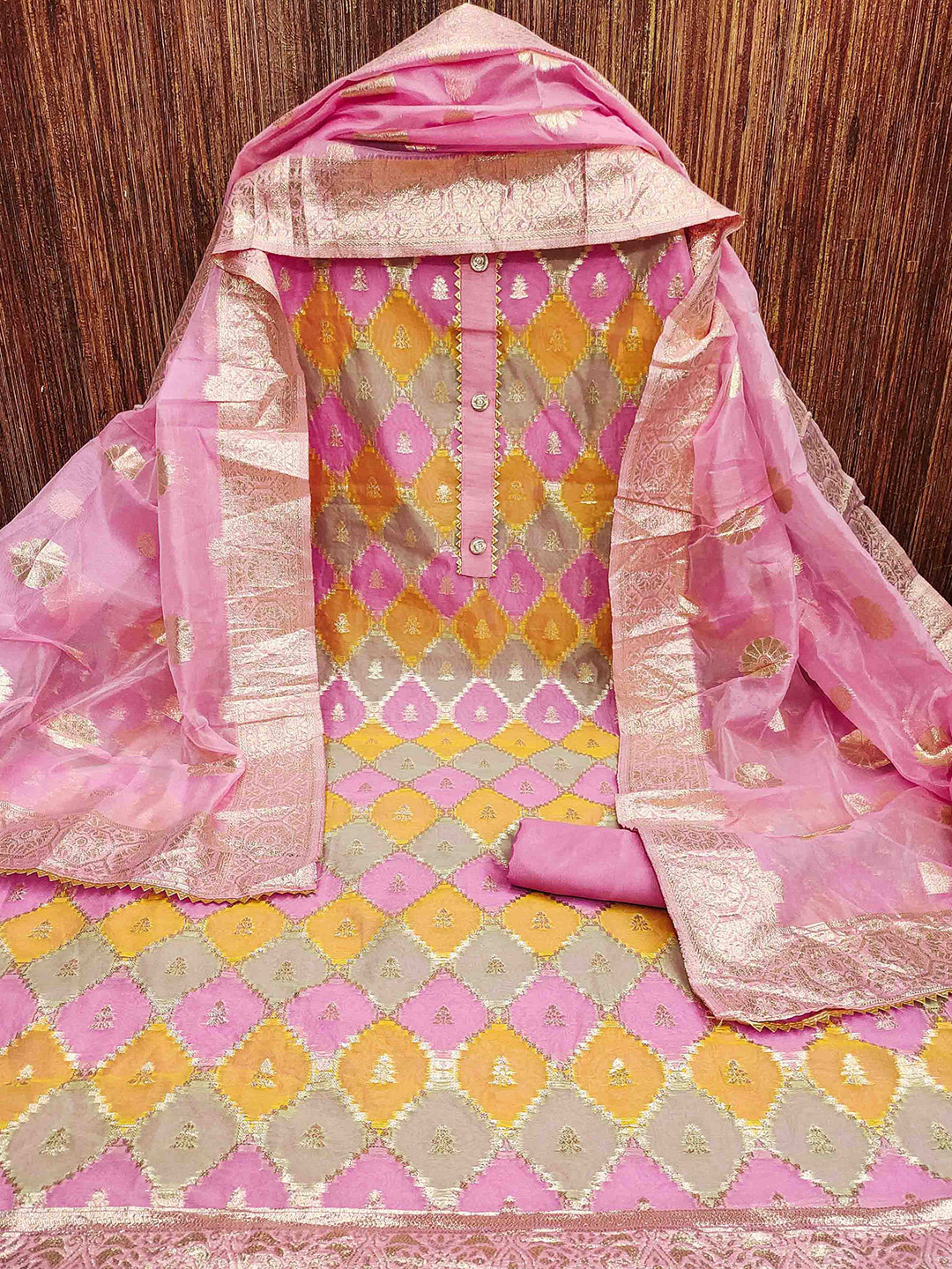 

MANVAA Ethnic Motif Woven Design Unstitched Dress Material, Pink