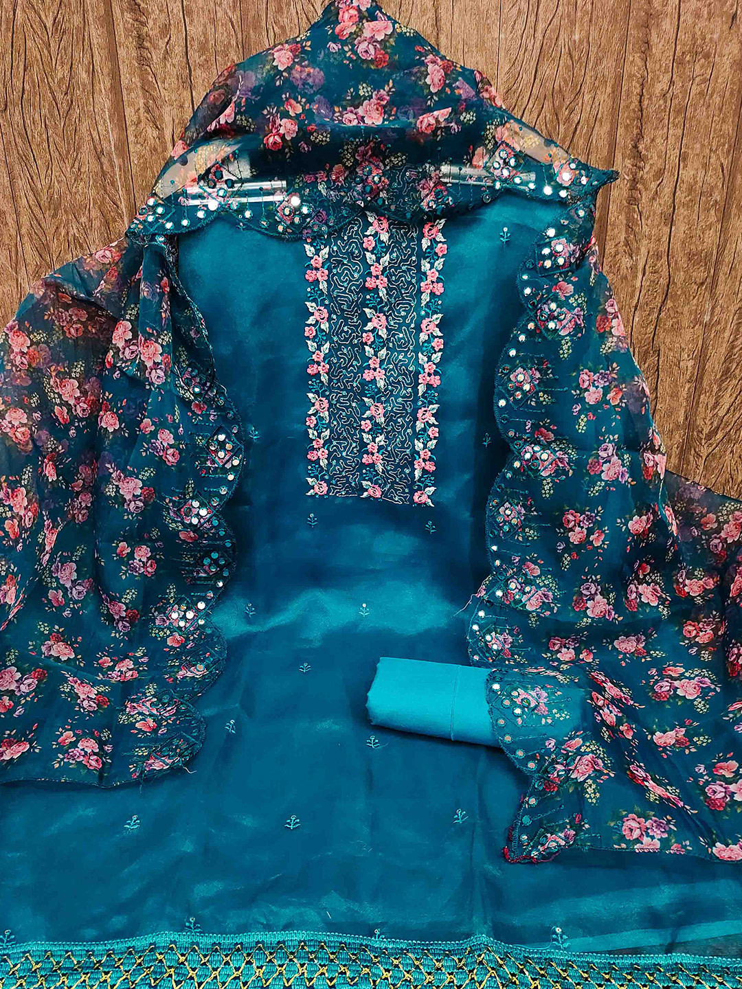

MANVAA Floral Embroidered Beads and Stones Unstitched Dress Material, Teal