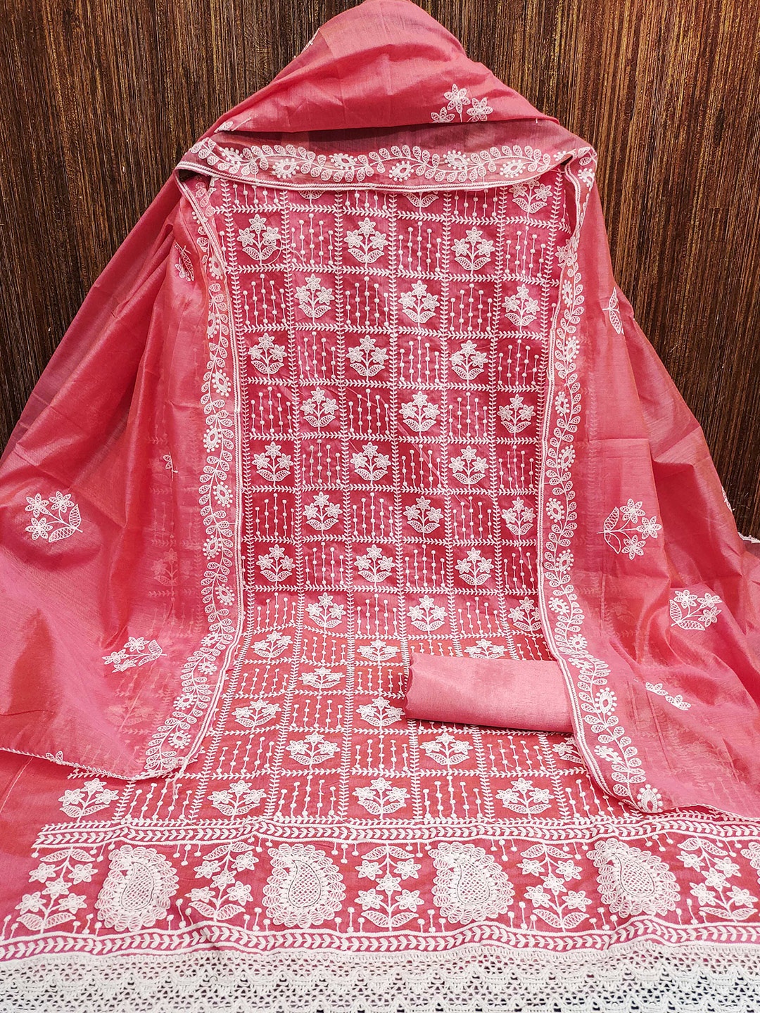 

MANVAA Ethnic Motifs Thread Work Chanderi Cotton Unstitched Dress Material, Peach