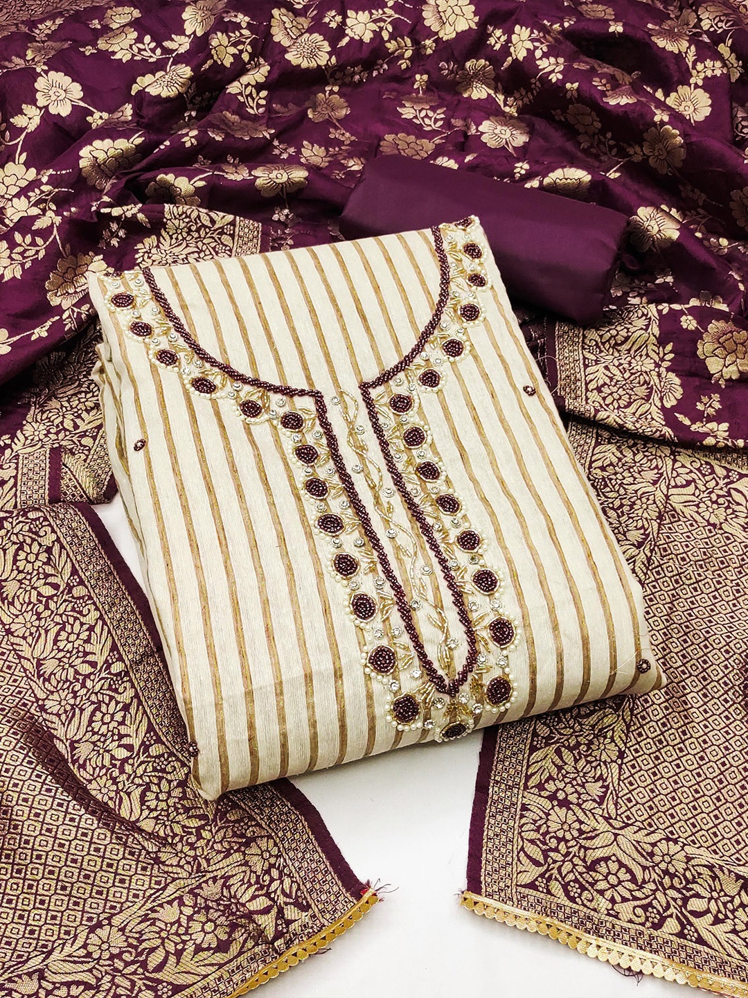 

MANVAA Striped Embroidered Beads and Stones Pure Cotton Unstitched Dress Material, Beige