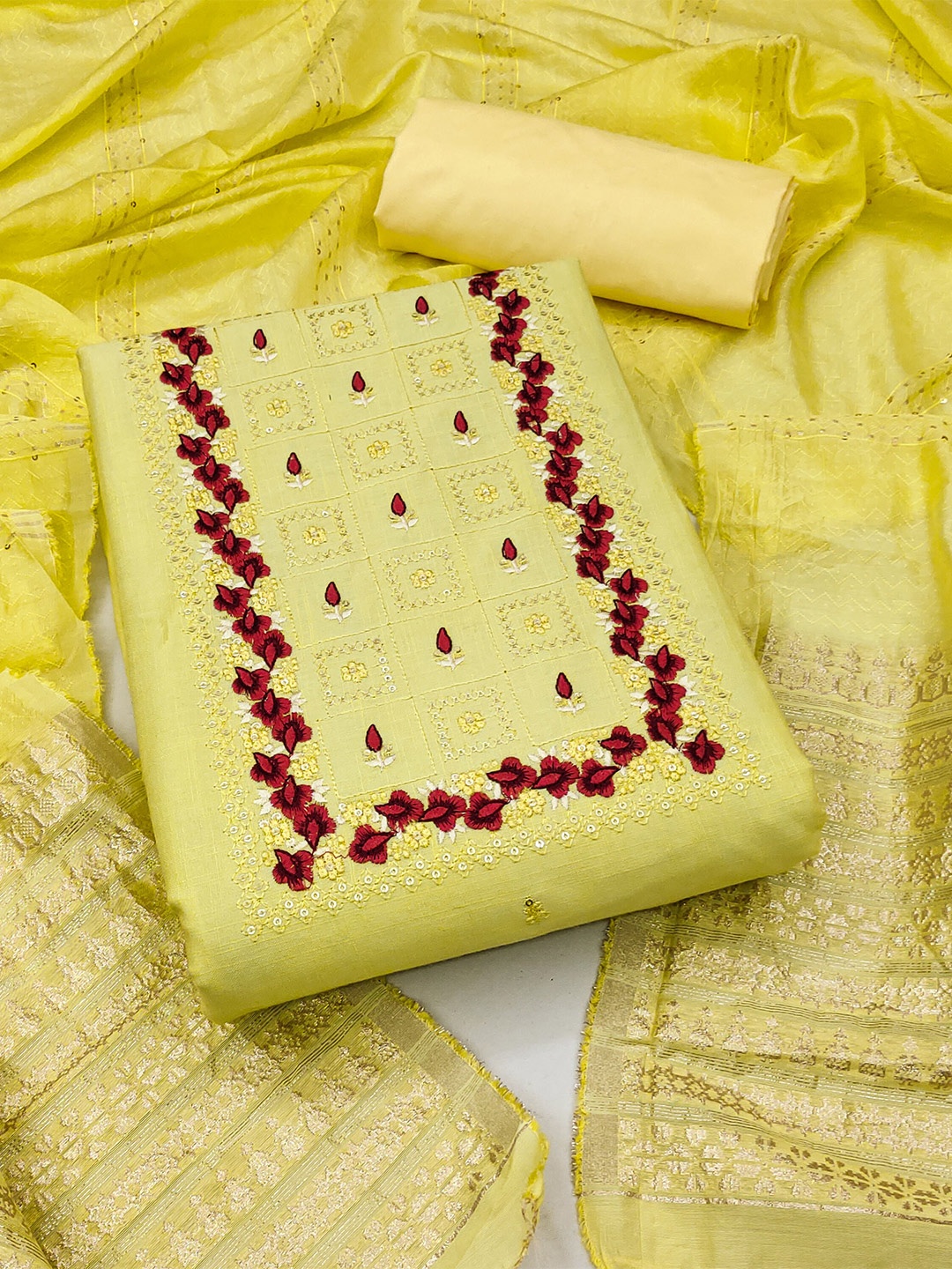 

MANVAA Floral Thread Work Pure Cotton Unstitched Dress Material, Yellow